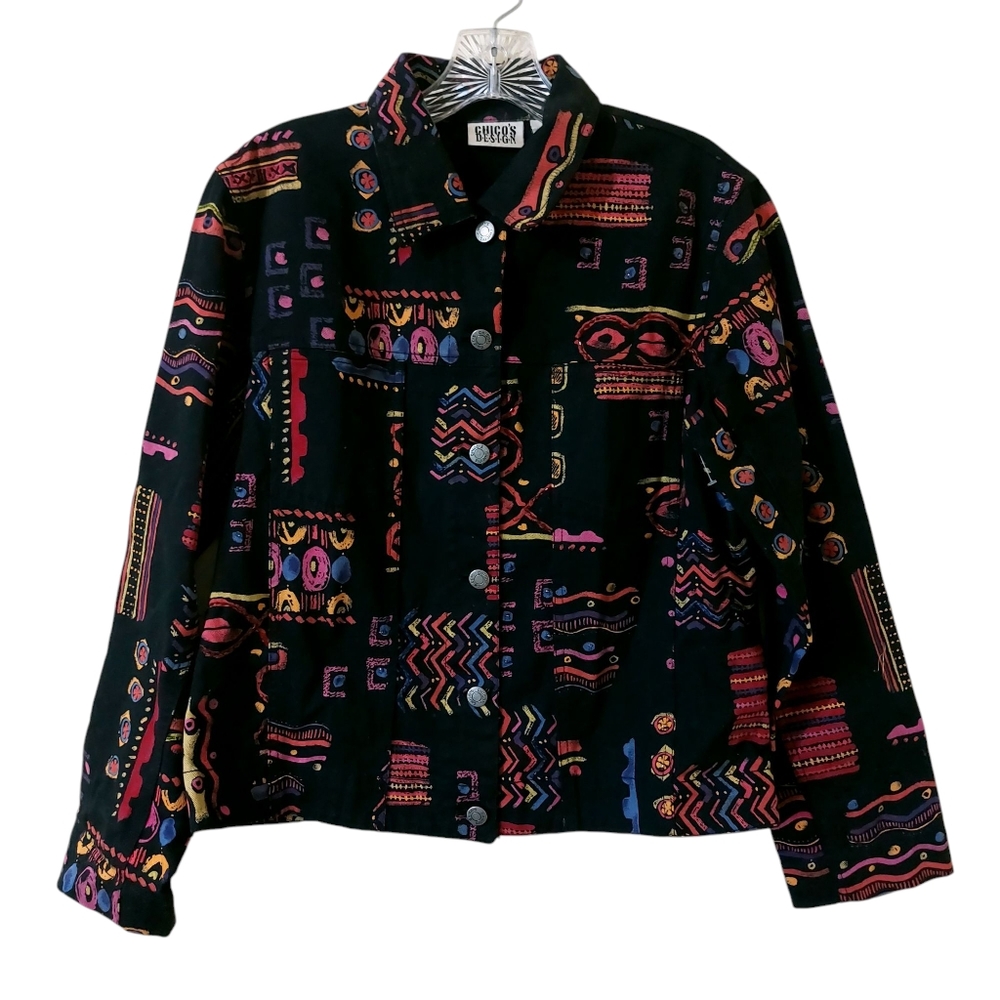 Chico's Design Vintage 90s Colorful Patterned Beaded Denim Jacket Womens Small